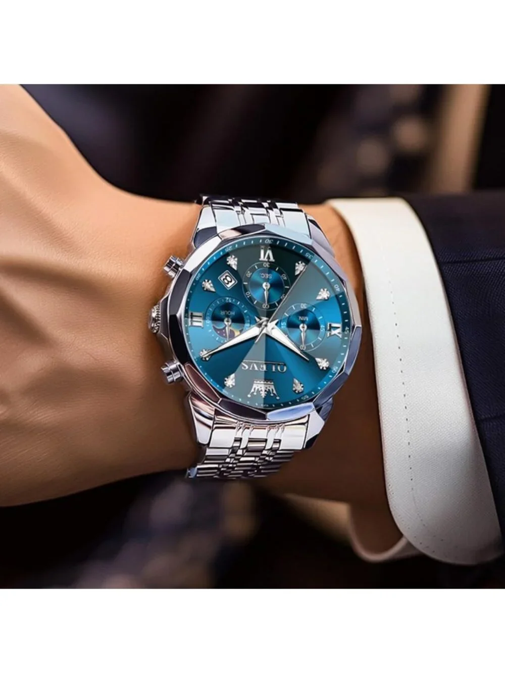 Luxury Stainless Steel Men's Watch - Diamond Chronograph, Multifunction, Date